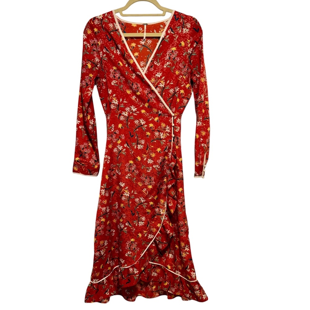 Free People Covent Garden Red Floral Wrap Midi Dress Ruffled Size 6